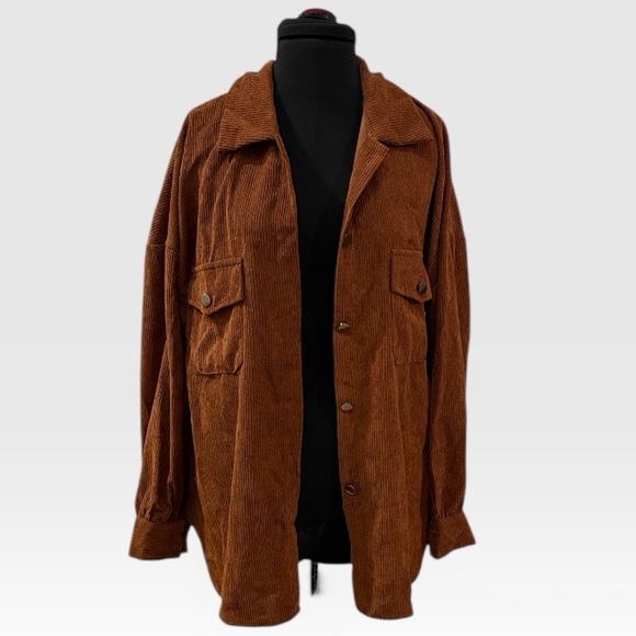 Jackets & Blazers - Oversized Corduroy Button-Up Shacket in Rust Brown